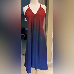 Athleta A line dress with high/low hem and convertible straps in Red/Blue ombré